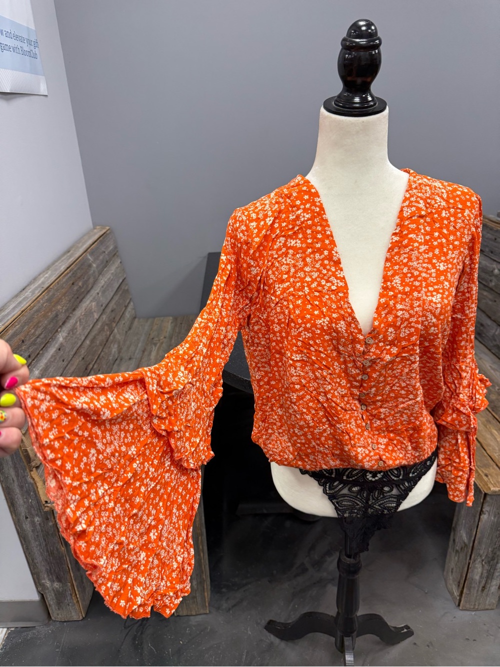 Free People Orange Floral Button-Front Blouse with Ruffled Bell Sleeves